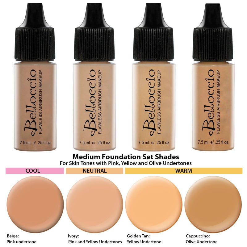 Belloccio Professional Beauty Airbrush Cosmetic Makeup System with 4 Medium Shades of Foundation in 1/4 Ounce Bottles - Kit Includes Blush, Bronzer and Highlighters Belloccio