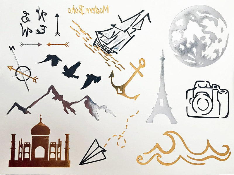 Modern Boho 5 Sheets Metallic Tattoos, Gold/Silver Flash, Wanderlust Collection Modern Boho