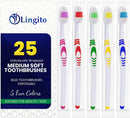 25 Bulk Toothbrushes | Individually Wrapped | Manual Disposable Travel Toothbrush Set for Adults or Kids | Made with a Medium-Soft Large Head | Multi-Color | Travel Toiletry Oral Set Lingito