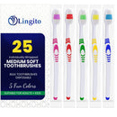 25 Bulk Toothbrushes | Individually Wrapped | Manual Disposable Travel Toothbrush Set for Adults or Kids | Made with a Medium-Soft Large Head | Multi-Color | Travel Toiletry Oral Set Lingito