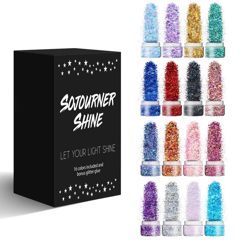Chunky Cosmetic Holographic Glitter I Body, Face & Hair Safe I 16 Pack + 1 Glitter Glue SoJourner Bags