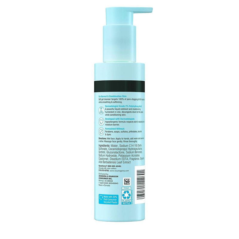 Neutrogena Skin Balancing Purifying Gel Cleanser with 2% Polyhydroxy Acid (PHA), Softening Face Wash for Normal & Combo Skin, Paraben-Free, Soap-Free, Sulfate-Free, 6.3 oz Neutrogena Store