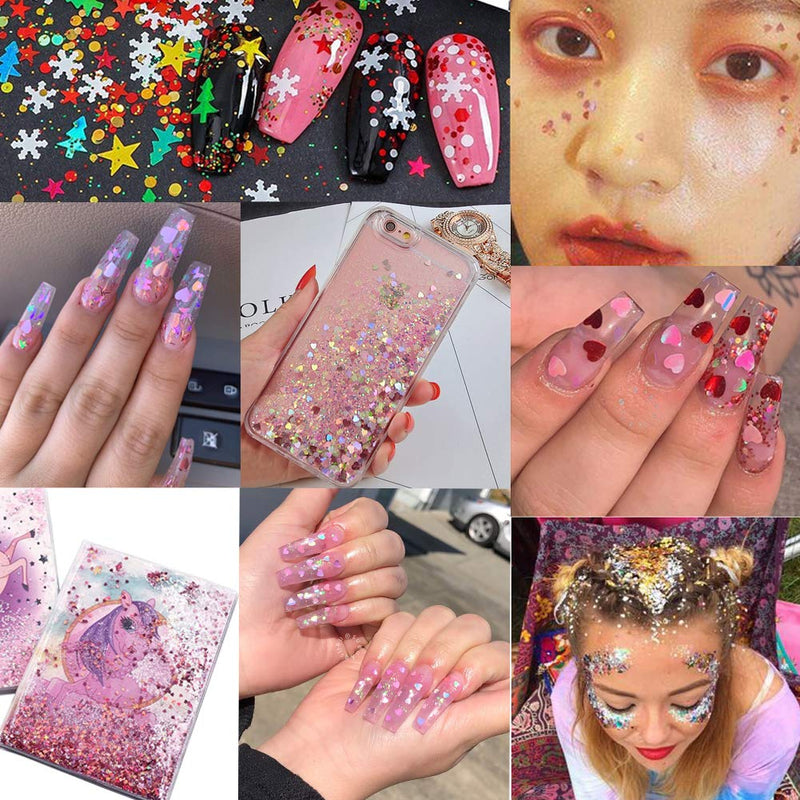 24 Boxes Nail Art Sequins, Tingbeauty Heart Shape Star Snowflake Christmas Tree Laser Sequins, Flakes Colorful Confetti Nail Glitter for DIY Design Face Body Make Up Christmas Decorations Tingbeauty