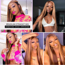 UNice Ombre Highlight Fake Scalp T Part Lace Human Hair Wig Middle Part Brazilian Remy Hair Honey Blonde Straight Human Hair Wig Pre Plucked for Women 150% Density 18inch UNICE Store