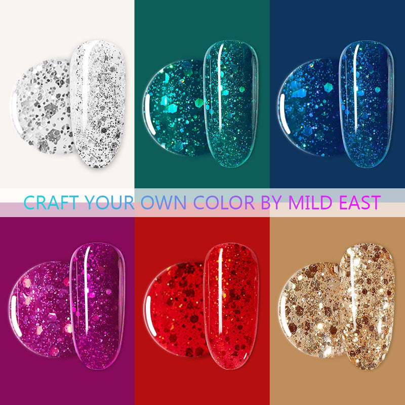 MILD EAST Gel Nail Polish Kit, 6 Colors Glitter Nail Polish Pink Green Blue Red Gold Silver Gel Nail Polish Set UV Gel Nail Polish with Acrylic Powder, Glossy/Matte Nail Polish Gift Set for Women MILD EAST
