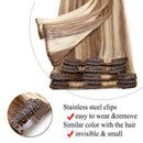 Clip in Remy Hair Extensions Human Hair Highlighted Brown Blonde for Women 10 inch 50g Light Short Seamless Clip on Real Hair Skin Weft Rooted Hairpiece 8pcs Weft Long Straight Full Head