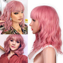 Relena Pastel Wavy Pink Wig with Bangs Short Wavy Bob Wig for Women Shoulder Length Curly Bob Wig Women's Cosplay Wig Synthetic Colorful Costume Wigs(14", Pink) Relena