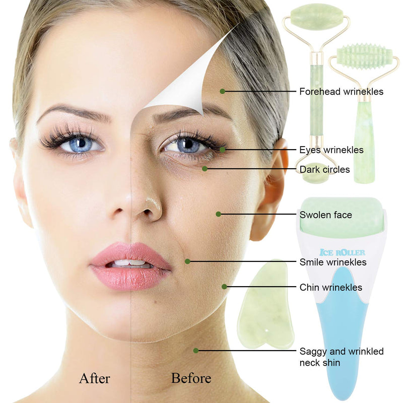 EAONE 4 in 1 Ice Roller Jade Roller Eyes Facial Massage Kits Cold Freezer Therapy Instant Pain Relief Wrinkle Preventing Coolers Skin Roller for Face & Eye Neck Massage Mother's Day Gift EAONE