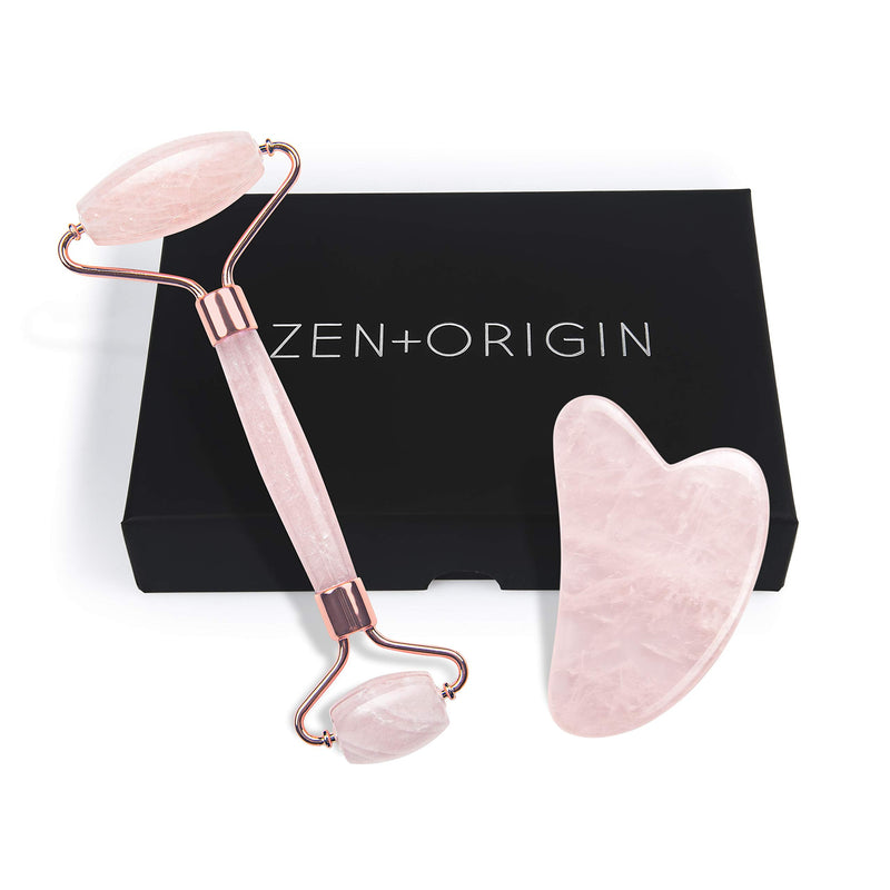 Rose Quartz Roller and Gua Sha Set, 100% Natural Rose Quartz Stone Face Roller, Anti-Wrinkle Anti-Aging Skin Care Tool, Facial Roller, Face Massager for Skin Firming and Stress Relief, Rose Gold ZEN + ORIGIN