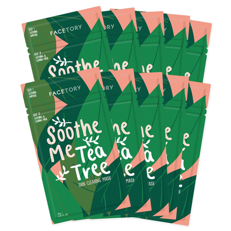 FaceTory Soothe Me Tea Tree 2-Step Sheet Mask with Tea Tree Oil and Chamomile Extract - For Acne Prone Skin, Made in Korea - Soothing, Hydrating, Calming, and Balancing (Pack of 10) FACETORY