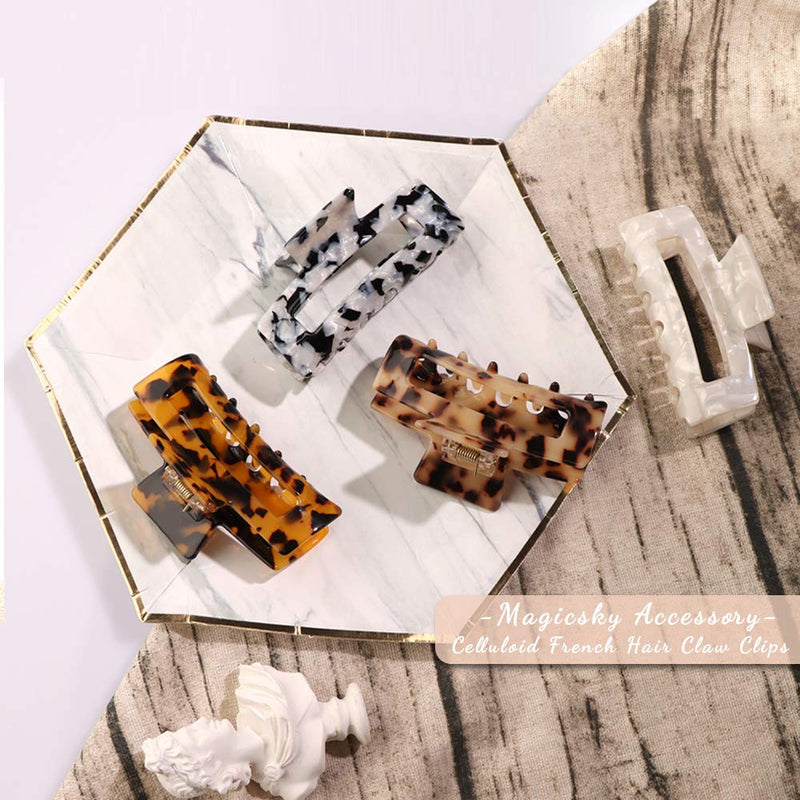 MagicSky 4PCS Hair Claw Clips, Acrylic Hair Banana Barrettes, Celluloid French Butterfly Jaw Clips,Tortoise Shell Grip Pin Teeth Clamp -Leopard print Stylish Hair Accessories for Women Girls,Long Size Magicsky