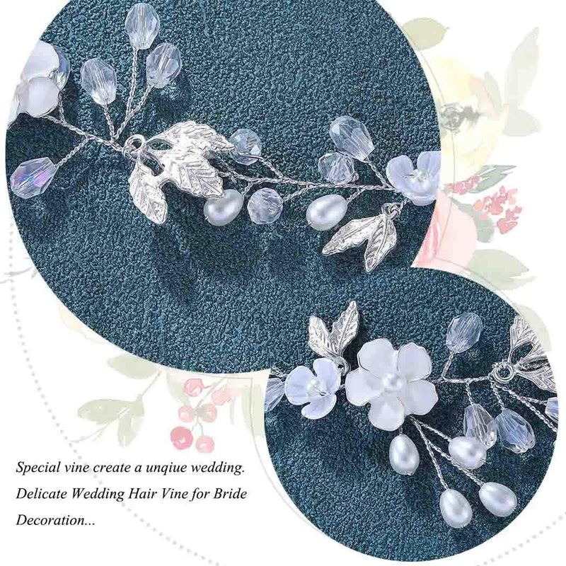 Aukmla Bride Wedding Crystal Hair Vine Pearls Head Pieces Leaf Hair Accessories for Women (Silver) Aukmla