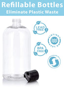 16 oz / 500 ml Clear Plastic PET Boston Round Bottle (BPA Free) with (12 pack, Black Disc Cap) JUVITUS