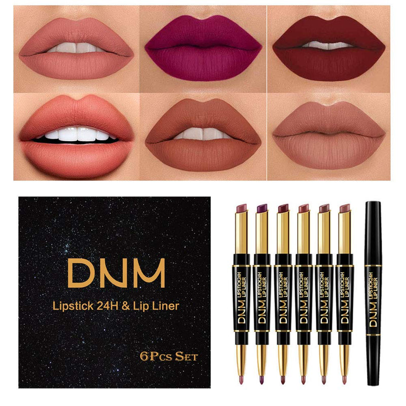 6Pcs Lip Liner and Lipstick Makeup Set,DNM Nude Matte Mat Matt Lipstick 24H and Lip Liner Set Matt Liquid for Black Mature Women Waterproof Long Lasting 24 Pens Lipstick Matte Kit with Lip liners 01 evpct