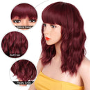 Relena Wine Red Short Wavy Wig with Bangs Synthetic Colored Shoulder Length Wig for Women Heat Resistant Fiber Curly Bob Wig 14 Inch Burgundy Wavy Bob Wigs for Daily Party Use Relena
