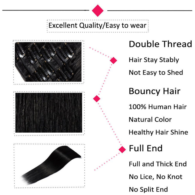22 Inch Long Clip in Human Hair Extensions 70g Thin 8 Pcs 18 Clips Standard Weft Straight Clip on 100% Human Hairpieces for Women Beauty