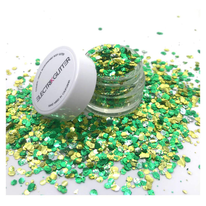 Eco Friendly Biodegradable Glitter Chunky Glitter for Festivals. Body Glitter for Hair Glitter, Nail Glitter, Face Eyeshadow glitter, Rave accessories, Holographic glitter makeup (Green Gold) ELECTRIKGLITTER