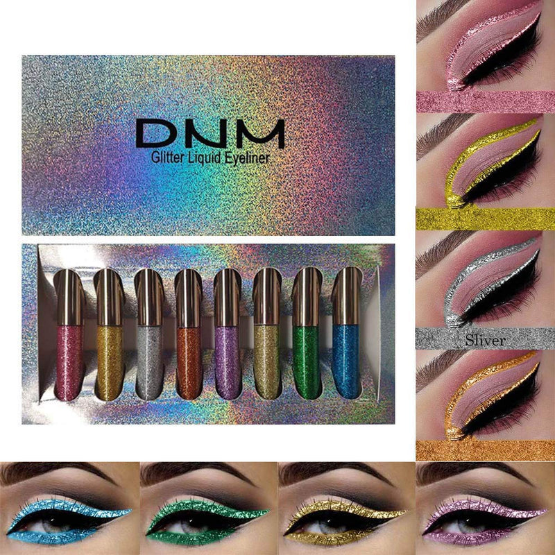 8 Colors Glitter Sparkle Sparkly Sparkling Eyeliner Liquid Makeup Set delineadores de colores,DNM Liquid Glitter Eyeliner Colorful Set Gold Silver white Red Shimmer Liquid Eyeliner Liner for Eyes 01 DNM