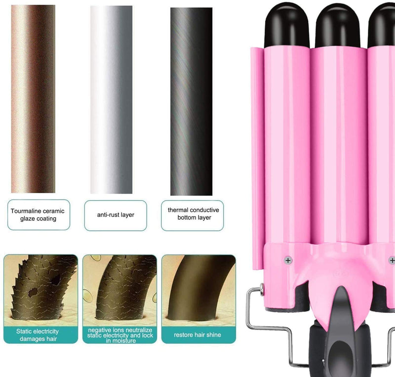 3 Barrel Curling Iron Wand Dual Voltage Hair Crimper with LCD Temp Display - 1 Inch Ceramic Tourmaline Triple Barrels, Temperature Adjustable Portable Hair Waver Heats Up Quickly (Pink) Aleath