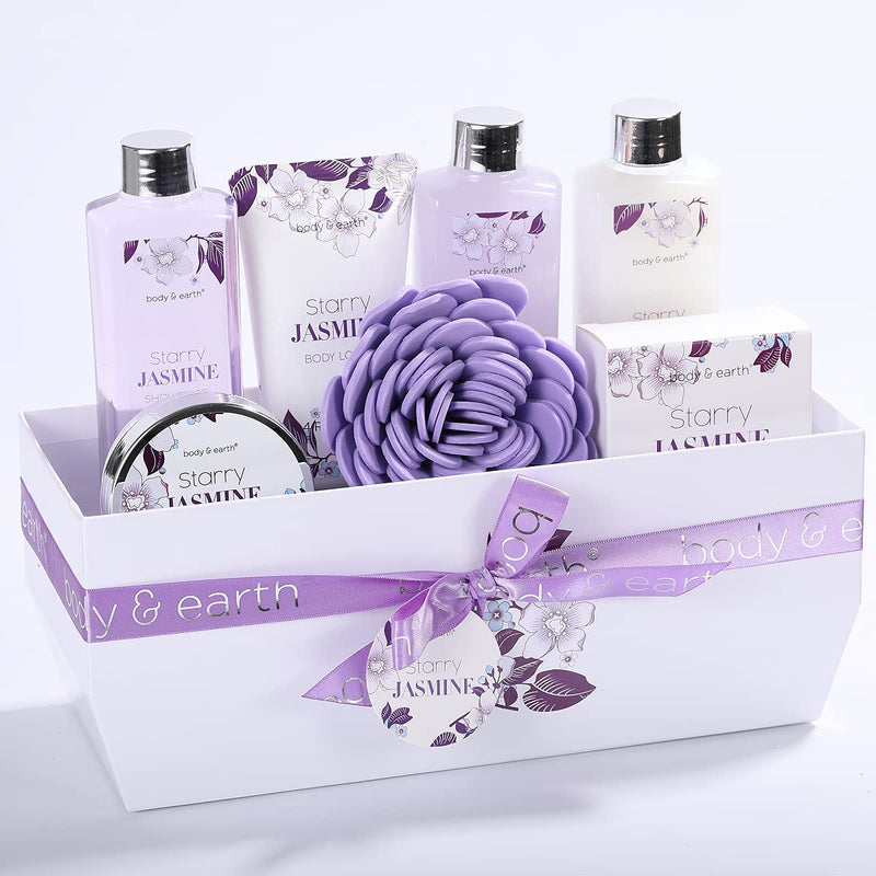 Gift Set for Women - Spa Gift Baskets for women Body & Earth 11 Pcs Jasmine Scented Women Bath Set Gift Basket with Bubble Bath, Shower Gel, Body Lotion & Scrub and More, Valentines Gifts for Women BODY & EARTH