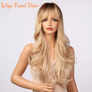 Honygebia Blonde Wig with Bangs - Long Wavy Ombre Curtain Bang Wigs for White Women, Light Ash Blond Dark Roots Synthetic Heat Resistant Hair, Natural Cute Strawberry Wigs for Everyday/Party/Cosplay Honygebia
