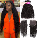 Brazilian Kinky Curly Bundles with Closure（22 24 26+20）10A Virgin Human Hair Bundles with Closure Remy Curly Hair 3 Bundles with Lace Closure Free Part Jerry Curl Hair Bundles YOCYTU