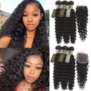QTHAIR 12A Brazilian Virgin Deep Wave 2 Bundles with Closure 100% Unprocessed Human Hair with 4×4 Lace Closure Free Part Natural Color(12 14+10inch lace closure) QTHAIR