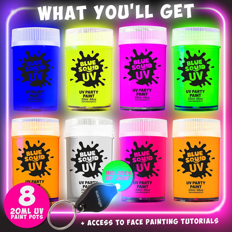 Glow in The Dark Paint - Blue Squid Fluorescent Glow Face & Body Paint for UV & Blacklight | Set of 8 Neon Face Paint Colors + Free Bonus Ultraviolet Flashlight | Bright Glowing Makeup for Festivals Blue Squid