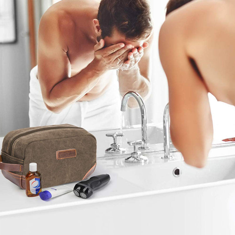 emissary Men's Toiletry Bag Leather and Canvas Travel Toiletry Bag Dopp Kit for Men Shaving Bag for Travel Accessories（Coffee) emissary