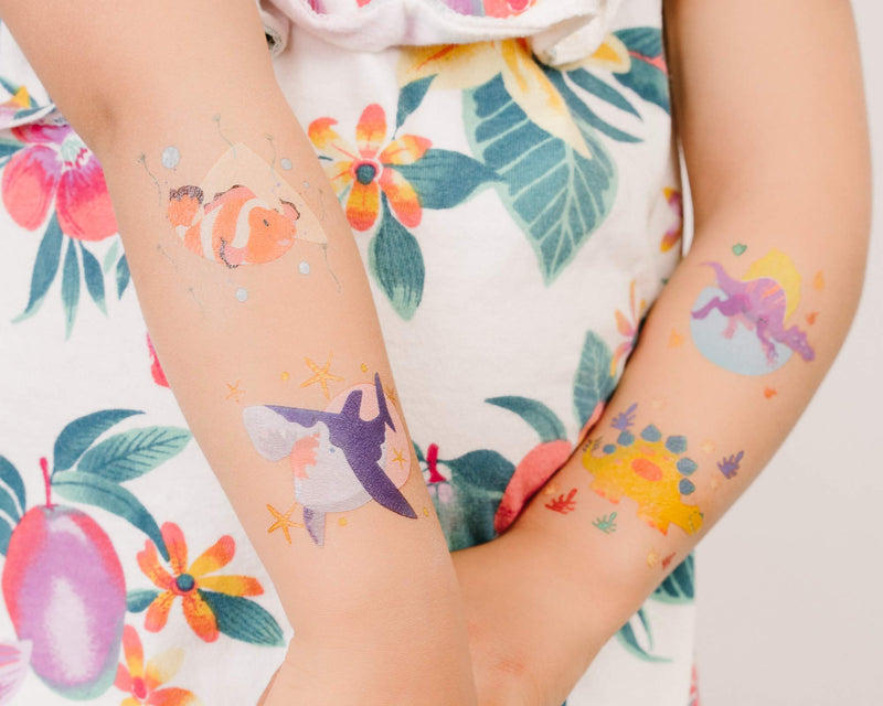 PapaKit Party Dinosaurs 36 Temporary Fake Tattoo Set, 18 Individually Wrapped Sheets | Kids Girls & Boys Birthday Party Favor Gift Reward, Non-Toxic Food Grade Ingredients Safe Removable PapaKit