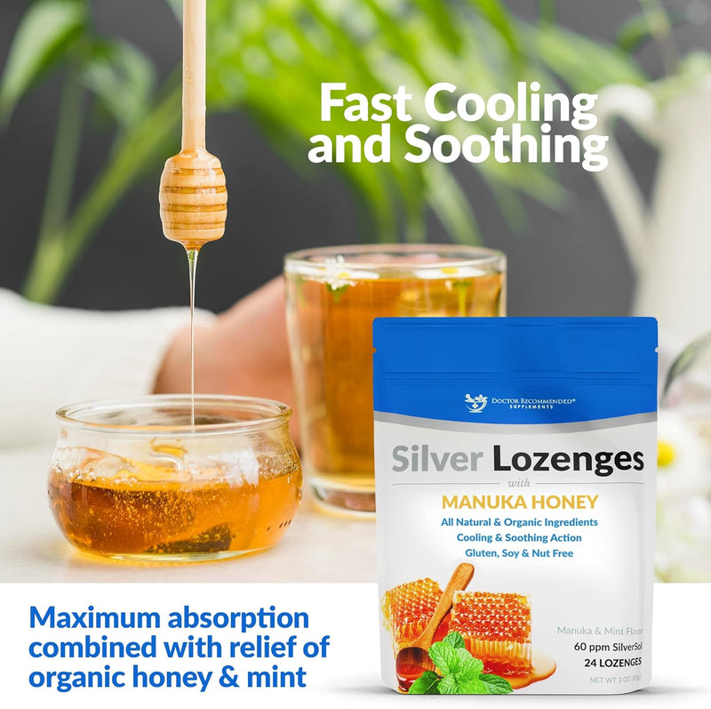 Silver Lozenges with Organic Manuka Honey and Vitamin C - All-Natural Nano Silver 45-50mcg of 60 PPM Colloidal Silver Mineral Drops to Support Immune System, Soothe, Cool Cough & Throat, 24-Lozenges Infinity Warehouse