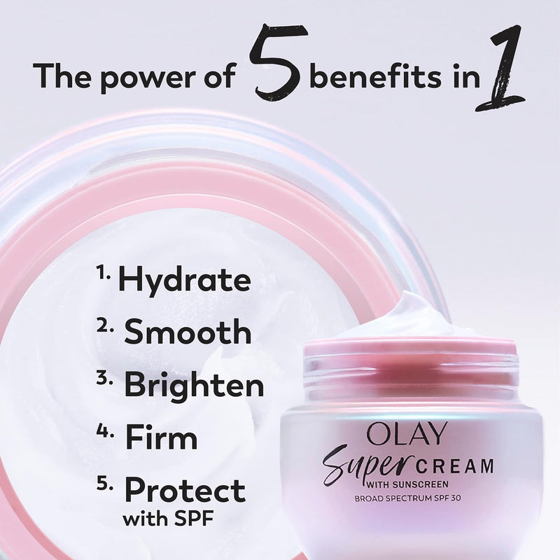 Olay Super Cream with Sunscreen SPF 30, 1.7 oz, Ultra Lightweight Face Moisturizer - Vitamin C & E, Hyaluronic Acid, Niacinamide, Collagen Peptide - Hydrate, Smooth, Brighten, Firm, and Protect - Infinity Warehouse