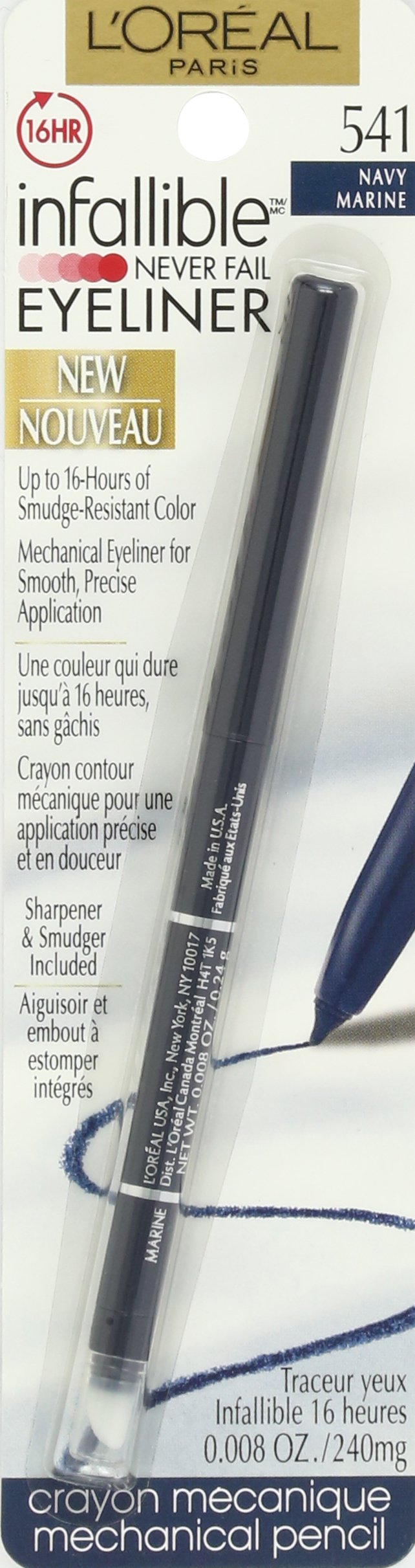 L'Oreal Paris Makeup Infallible Never Fail Original Mechanical Pencil Eyeliner with Built in Sharpener, Navy, 0.008 oz. L'Oreal Paris