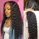 Lace Frontal Deep Wave Human Hair Wigs Pre Plucked for Black Women Brazilian Deep Curly Human Hair Wigs 150% Density 13×4 Lace Front Longest Curly Wig Natural Black Color (24inch) Kameilun