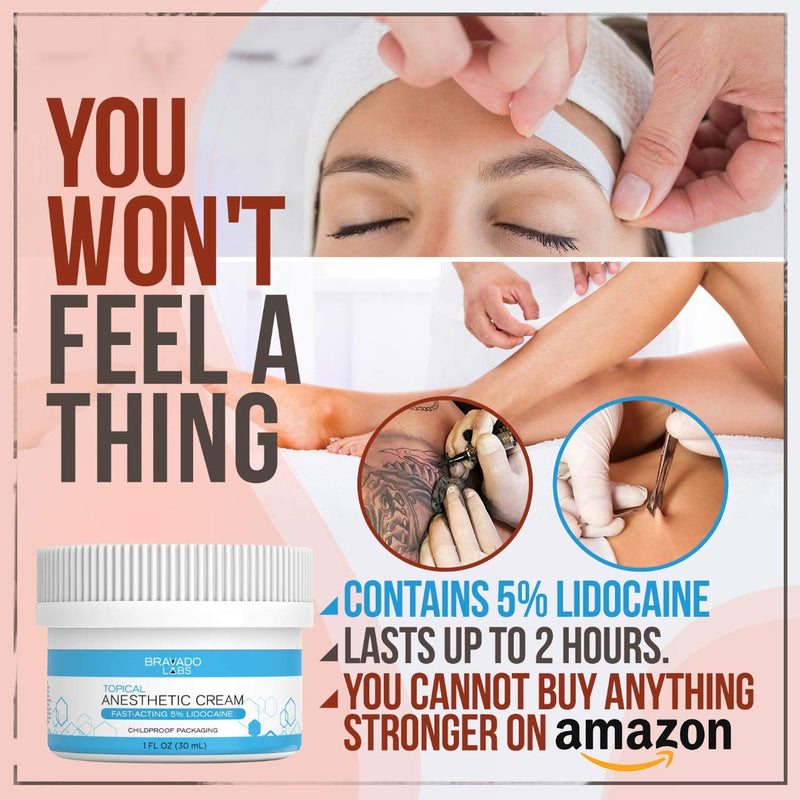Bravado Labs Lidocaine Numbing Cream - Topical Anesthetic Cream - Best Skin Numbing Cream for Tattoos, Laser Hair Removal, Microneedling, Waxing - 5% Lidocaine Maximum Strength Formula (1oz) Bravado Labs