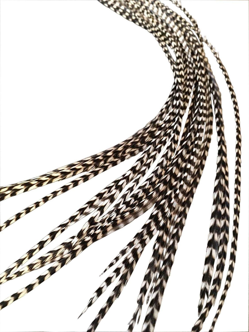 Hair Feathers Kit, 20 Long Feather Extensions with beads and loop tool kit, Black and White Striped,100% Real Rooster Feather Accessories, BW GRIZZ Feather Lily
