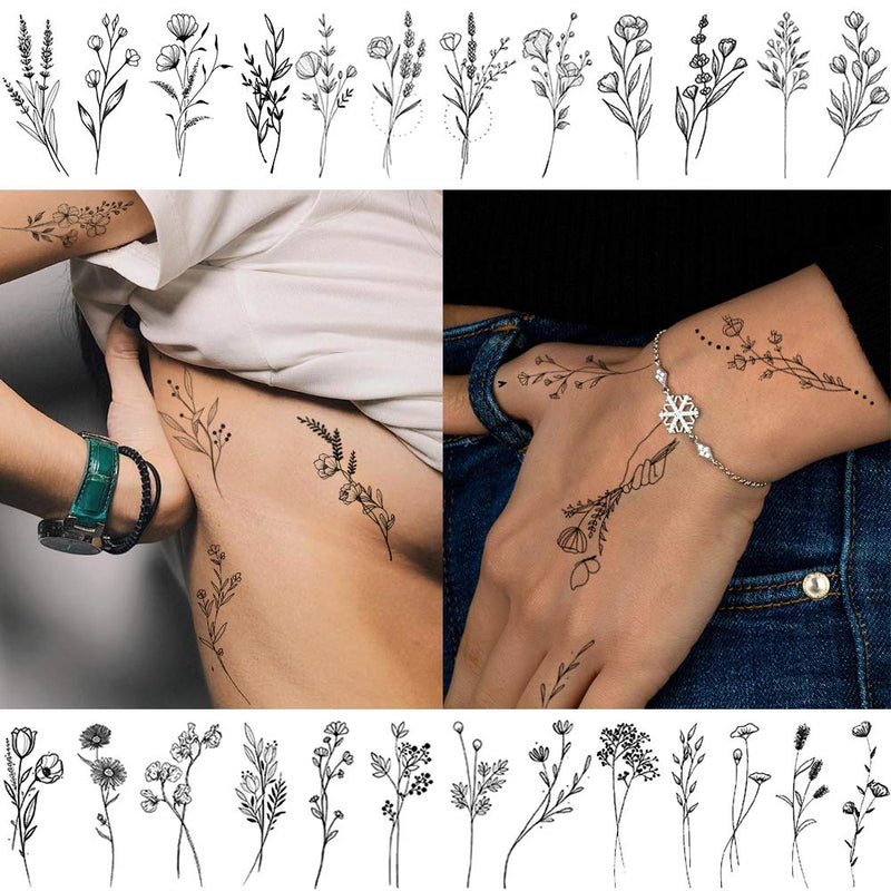 15 Sheets FANRUI Tiny Branch Black Flower Temporary Tattoos For Women Girl Floral Bouquet Small Tattoo Temporary Wild Plant Lavender Sweet Pea Larkspur Fake Tatoo Adults Face Hands Kids Kit Sticker FANRUI Store