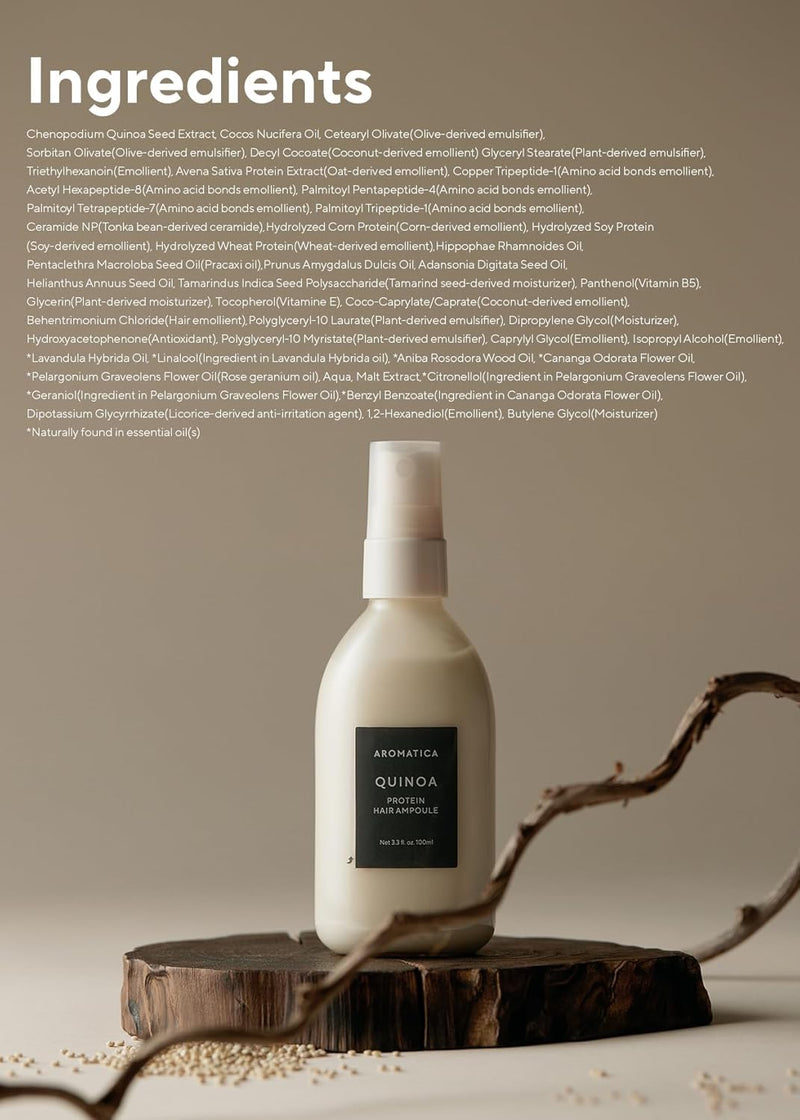 AROMATICA Quinoa Protein Hair Ampoule 3.38 fl. Oz - Vegan Protein Hair Serum for Silky Hair | Nourishing Dry, Damaged Hair | Silicone Free Infinity Warehouse