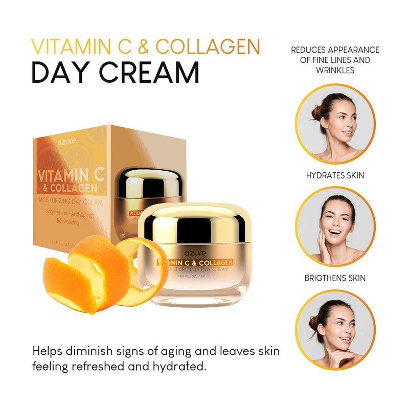 AZURE Vitamin C & Collagen Moisturizing Day Cream - Brightening & Revitalizing | Reduces Fine Lines & Wrinkles | Diminishes Signs of Aging | Made in Korea - 50mL Azure Kosmetics