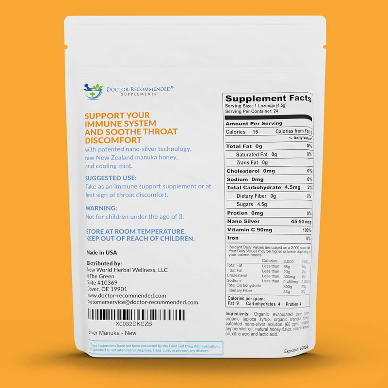 Silver Lozenges with Organic Manuka Honey and Vitamin C - All-Natural Nano Silver 45-50mcg of 60 PPM Colloidal Silver Mineral Drops to Support Immune System, Soothe, Cool Cough & Throat, 24-Lozenges Infinity Warehouse