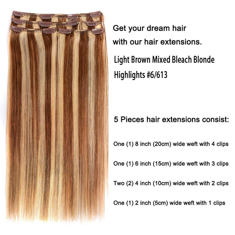 5 Pieces 12 Remy Clip in Hair Extensions Human Hair Light Brown Mixed Blonde Highlights - Beauty Silky Straight Short Thick Real Hair Extensions for Women Fashion (12 inches, 6/613, 60 grams) Amygirl
