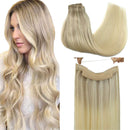 GOO GOO Halo Hair Extensions Human Hair Ombre Ash Blonde to Golden Blonde Mixed Platinum Blonde 100g 20 Inch Flip Extensions Hidden Crown Wire Hair Extensions Layered Invisible Hairpiece GOO GOO Store