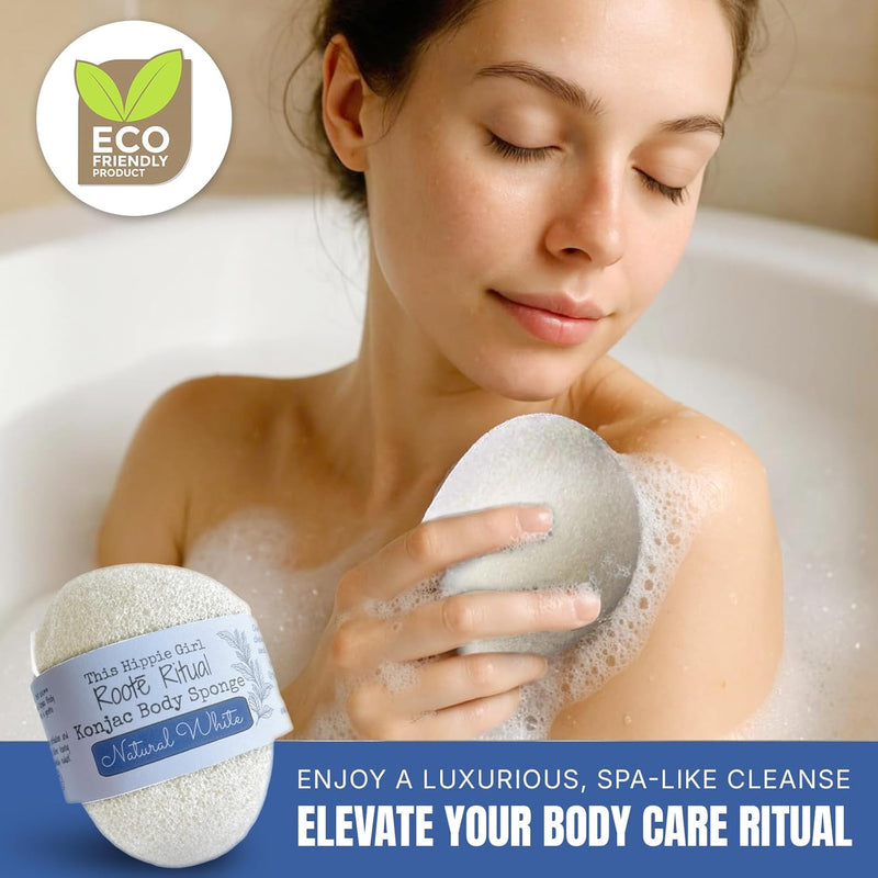 Roote Ritual Konjac Body Sponge – 100% Natural Exfoliating Shower Sponge for Sensitive Skin – Gently Deep Cleanses, Earth-Friendly Loofah, Biodegradable, Vegan – for Women, Men (Natural White) Infinity Warehouse