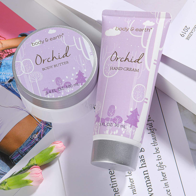 Bath Gifts for Women - Gift Set for Women Body & Earth 5 Piece Body Spa Bath Set Gift Baskets with Orchid Scented Candle, Body Butter, Hand Cream, Bath Bar and Bath Bomb, Christmas Gift for Women BODY & EARTH