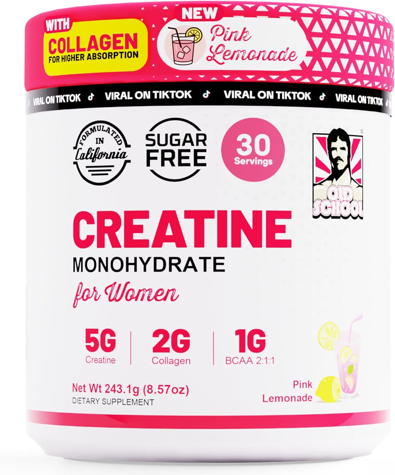 Old School Labs 5000mg Creatine Monohydrate Powder, Optimized Creatine for Women +2000mg Collagen +1g BCAA 2:1:1 Supports Lean Muscles & Recovery, Energy & Stamina - Made in USA, 30 Servings Infinity Warehouse