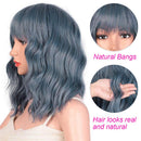 Relena Short Wavy Wig with Bangs Mixed Blue Curly Wavy Bob Wigs for Women 14 inch Shoulder Length Synthetic Blue Wig Women's Colorful Cosplay Party Wig Heat Resistant Fiber Hair Relena