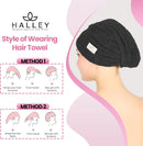 HALLEY Cotton Hair Towel Wrap (3 Packs) Super Absorbent Fast Drying Turbans for Thick, Wet Hair with Button (Black) Infinity Warehouse