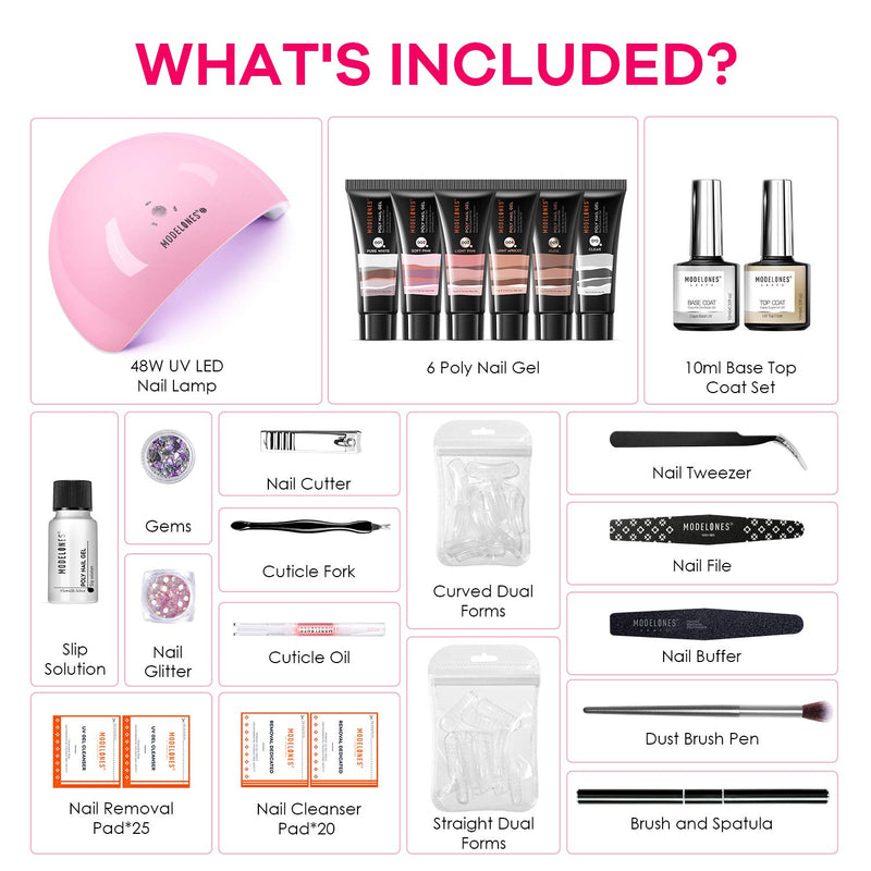 Modelones Poly Nail Gel Kit - 6 Colors with 48W Nail Lamp Slip Solution Rhinestone Glitter All In One Kit for Nail Manicure Beginner Starter Kit DIY at Home Beauty Gift modelones