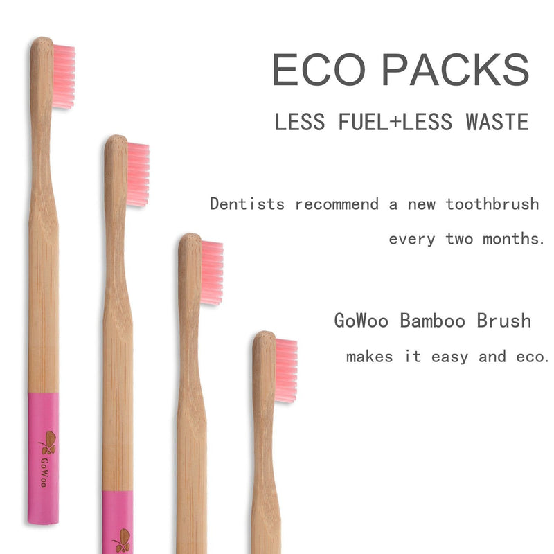 GoWoo 100% Natural Bamboo Toothbrush Soft - Organic Eco Friendly Toothbrushes with Soft Nylon Bristles, BPA-Free, Biodegradable, Dental Care Set (Pack of 4, Adult, Pink) GoWoo