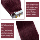 Burgundy Tape in Hair Extensions Human Hair Tape on Remy Hair Highlighted 14inch Long Straight Wine Red Seamless Skin Weft Invisible Double Sided for Women 14inch=80g 40 Pieces